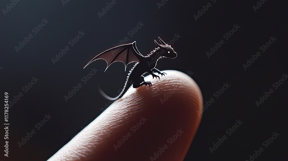 Obraz premium Miniature Dragon Perched Upon A Human Finger