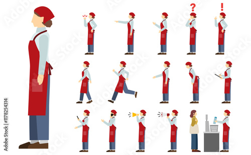 フラットイラスト：スーパー店員サイド（赤エプロン）