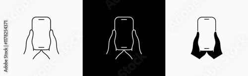 Hands holding mobile phone in line style icon. Smartphone held in flat style symbol. Hand holding a smartphone signs vector illustration for apps and website