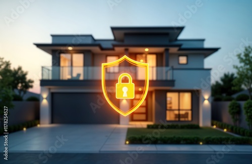 Smart home security system. Modern house protected by glowing shield, padlock. Tech protection for home. Safe house, safe tech. Safe living. Safe residence. Prevention, safety. Security features.