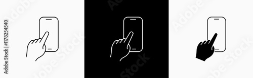 Hands holding mobile phone in line style icon. Smartphone held in flat style symbol. Hand holding a smartphone signs vector illustration for apps and website