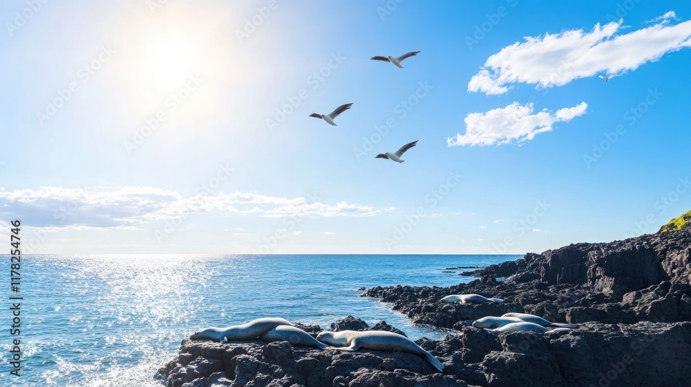 Seals bask on rocky shore under bright sky with flying birds. Seals bask on rocky shore under bright sky with flying birds.