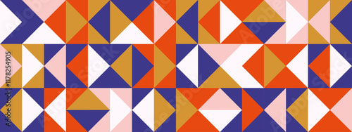 Bright retro triangle seamless pattern. Abstract geometric mid century background. Colorful Swiss modernist or postmodernist style wallpaper. Vector modular repeating texture. Colorful mural backdrop