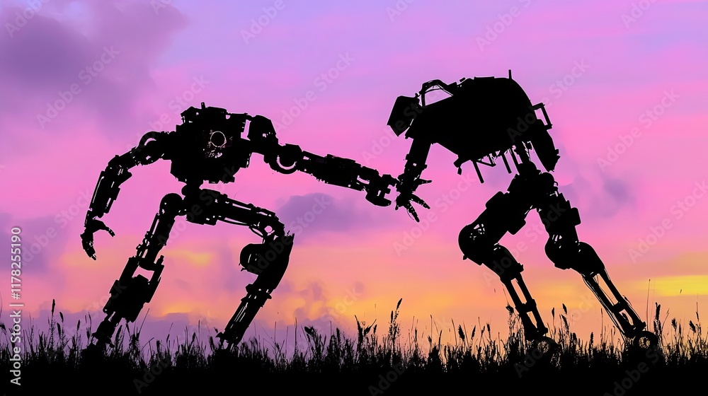 Two robots meet at sunset in a field Two robots meet at sunset in a field