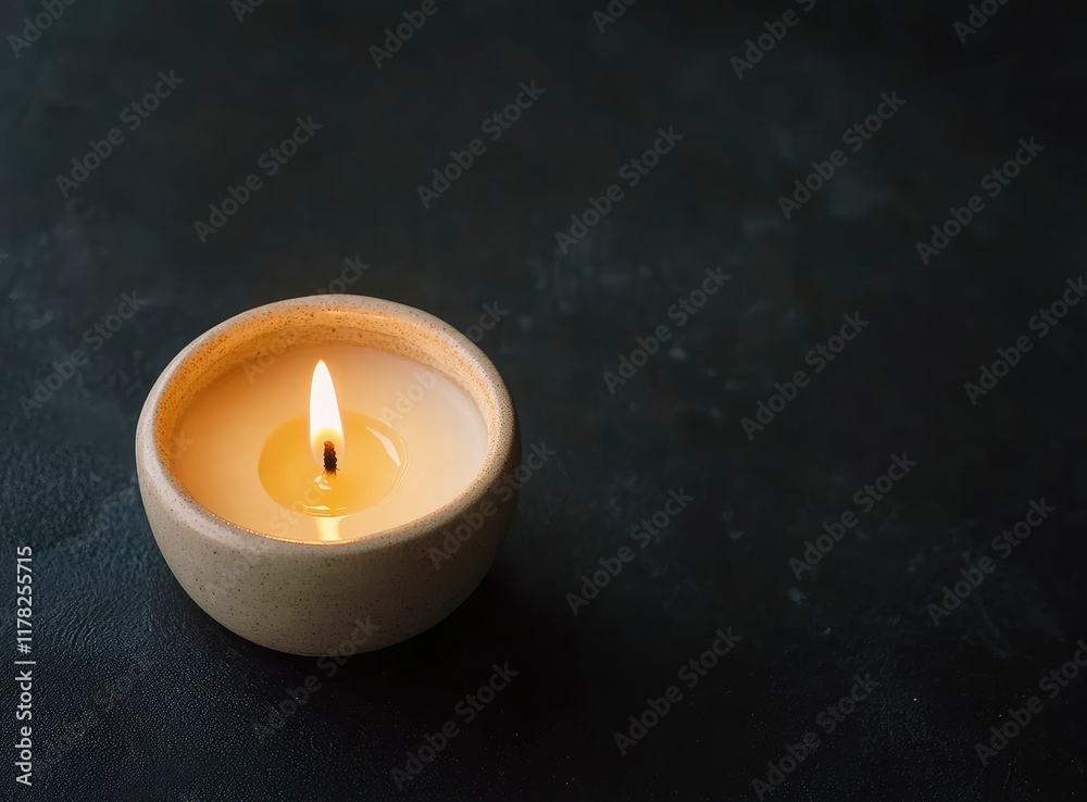 Fototapeta premium A white candle burning on a black background with copy space for text. The flame of the white, lit wax candle glows in soft light. Close-up view, isolated on a dark background, detailed illustration, 
