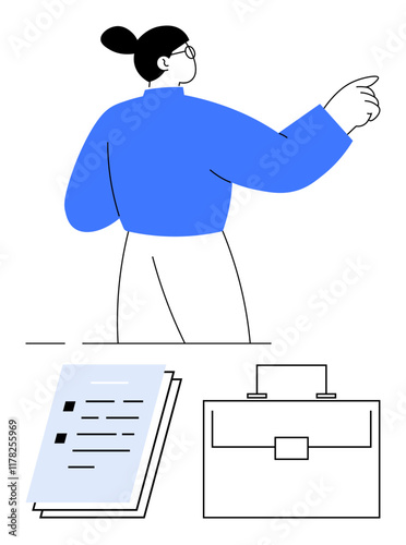 Person gesturing forward, stack of documents, and briefcase highlighting career goals, organization, and planning. Ideal for business strategy, leadership, opportunities, job market career growth