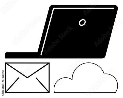 Laptop as primary device, mail envelope for communication, and cloud representing data storage. Ideal for digital communication, cloud storage, online collaboration, remote work, technology, email