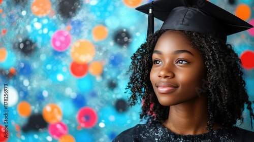 Young graduate in cap and gown looks hopefully towards future by colorful wall