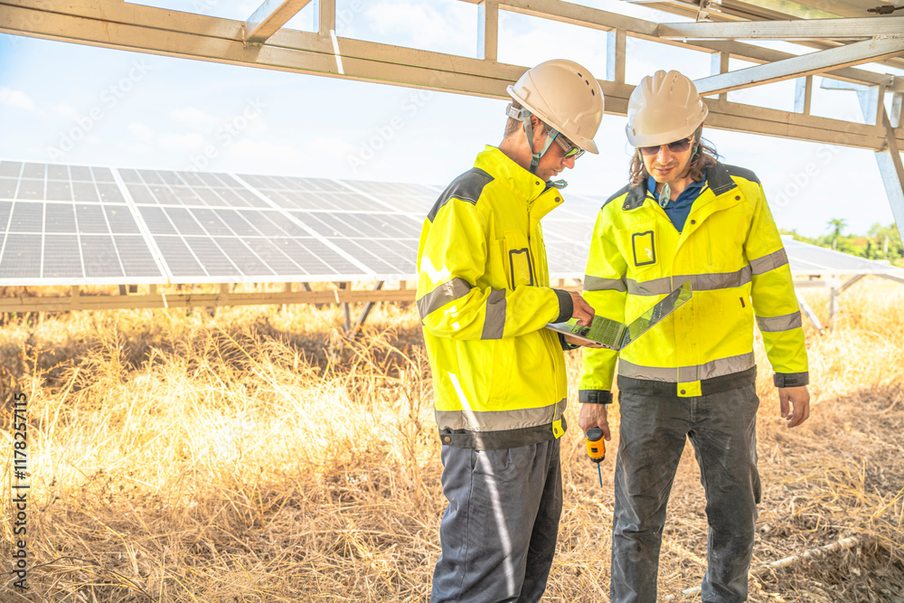 Two solar technicians in bright reflective jackets and helmets are inspecting the wiring under solar panels. One holds laptop for data logging, while the other examines electrical connections closely. Two solar technicians in bright reflective jackets and helmets are inspecting the wiring under solar panels. One holds laptop for data logging, while the other examines electrical connections closely.