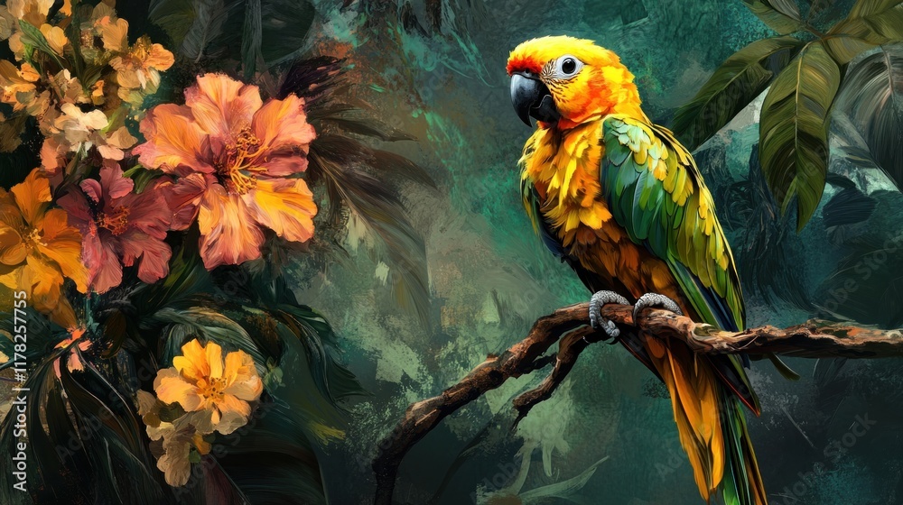 Obraz premium Sun conure parrot perched on branch amidst lush tropical flowers.