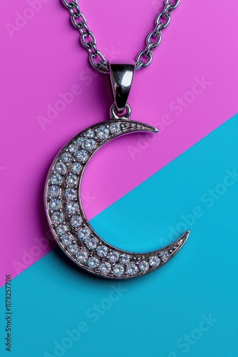 Crescent moon pendant necklace with sparkling diamonds on pink and blue background photo