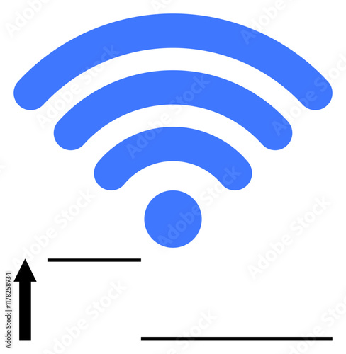 Blue curved lines forming a wireless icon, black arrow pointing upward, and horizontal lines suggest networking and data flow. Ideal for technology, communication, internet, online access, remote