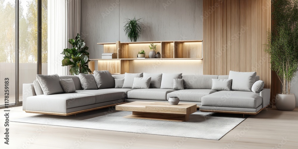 Fototapeta premium Modern luxurious living room, warm wood paneling, large L-shaped beige sofa, coffee table, potted plants, floor-to-ceiling curtains, soft lighting, minimalist design, open concept, neutral color palet