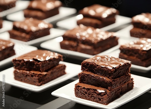 An inviting scene of rich, chocolate brownies stacked on small plates with soft lighting and a dark background. The focus should be sharp on the delightful appearance of these homemade treats, leaving