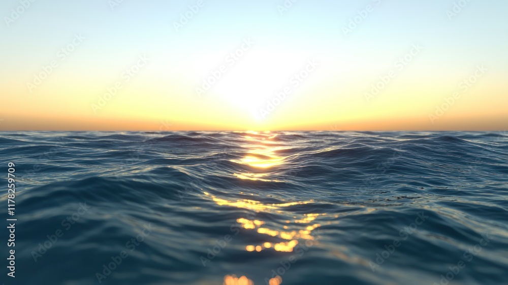 Obraz premium Serene ocean waves reflecting a sunset on the horizon.