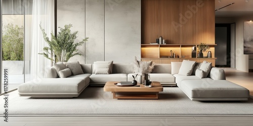 Wallpaper Mural Modern luxurious living room, warm wood paneling, large L-shaped beige sofa, coffee table, potted plants, floor-to-ceiling curtains, soft lighting, minimalist design, open concept, neutral color palet Torontodigital.ca