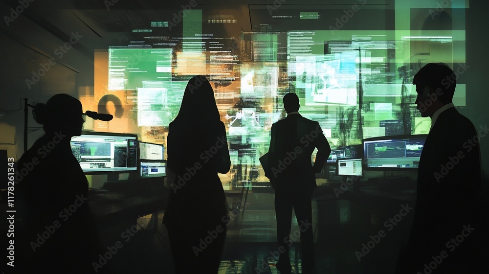 Silhouetted business team analyzes data on large screens in a dark room. Silhouetted business team analyzes data on large screens in a dark room.