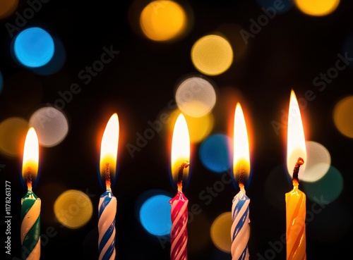 Close-up of burning candles against blurred lights, macro shot. Black background. Concept for holiday celebration or peaceful moment with copy space. Stock photo with 2/3 space for text.  photo