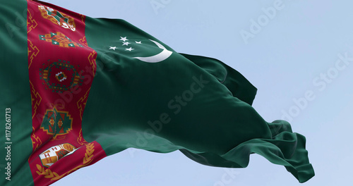 Close-up of Turkmenistan national flag waving photo