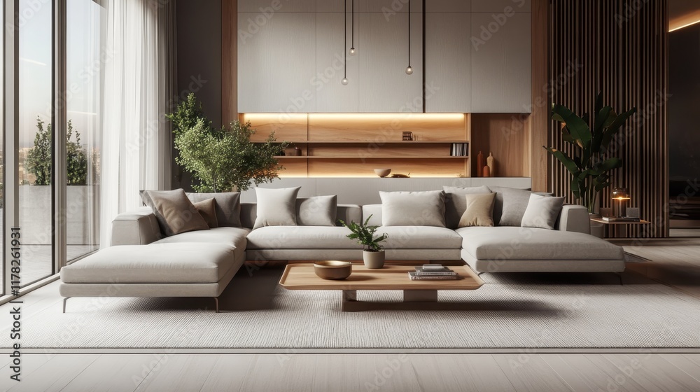 Fototapeta premium Modern luxurious living room, warm wood paneling, large L-shaped beige sofa, coffee table, potted plants, floor-to-ceiling curtains, soft lighting, minimalist design, open concept, neutral color palet