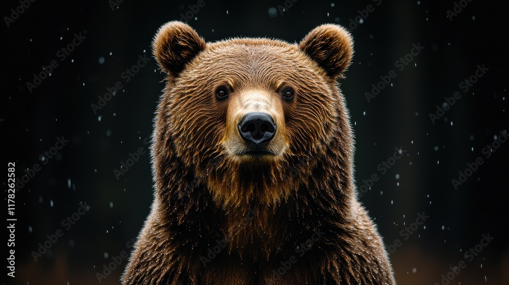 Obraz premium Brown bear standing in the rain with glistening wet fur