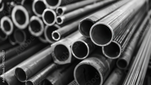 A monochrome shot of various metal pipes—round, square, and flat steel tubes—stacked at a construction site, with a shallow depth of field highlighting the metal surface details.