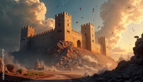 Medieval castle in ruins at sunset. Dramatic sky with clouds, falling debris. Ancient structure on hilltop with collapsing walls. People flee from catastrophe. Destruction of historic landmark.