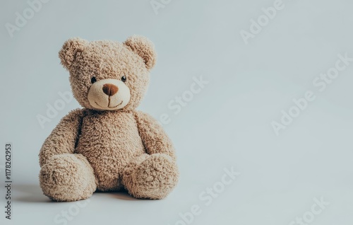 Cute brown teddy bear isolated on a white background with copy space, suitable for banner design. Stock photo, high quality.