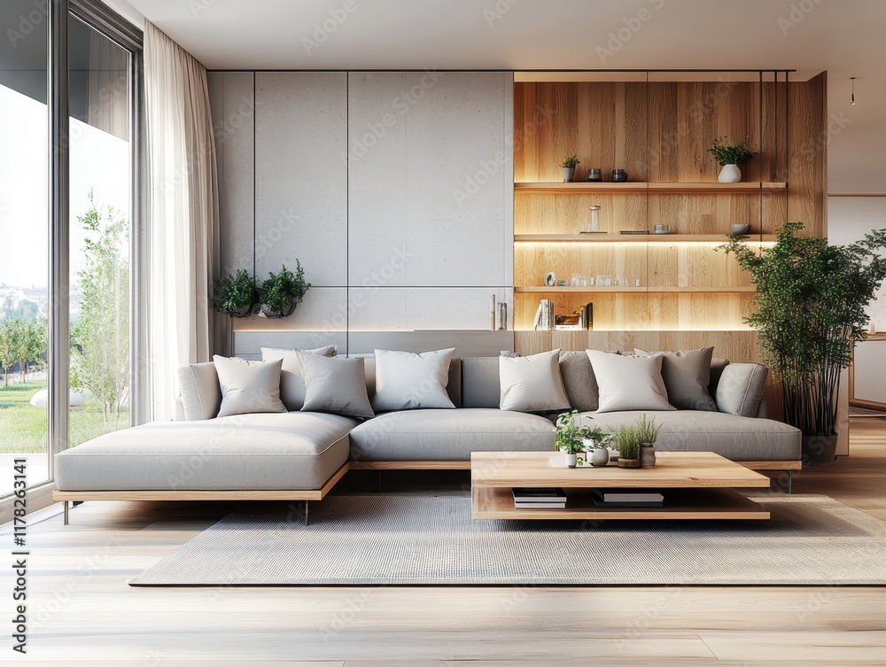 Modern luxurious living room, warm wood paneling, large L-shaped beige sofa, coffee table, potted plants, floor-to-ceiling curtains, soft lighting, minimalist design, open concept, neutral color palet Modern luxurious living room, warm wood paneling, large L-shaped beige sofa, coffee table, potted plants, floor-to-ceiling curtains, soft lighting, minimalist design, open concept, neutral color palet