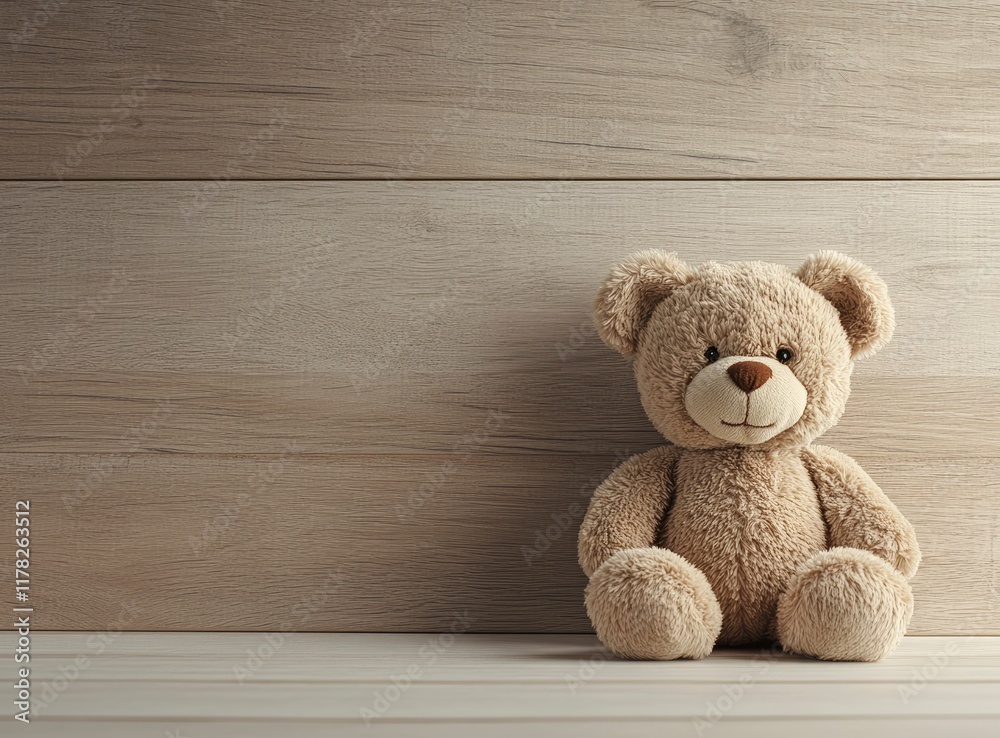 Fototapeta premium Cute brown teddy bear toy on a wooden background, front view. Plush stuffed animal for children or as a baby gift with copy space. Stock photo, a photorealistic picture