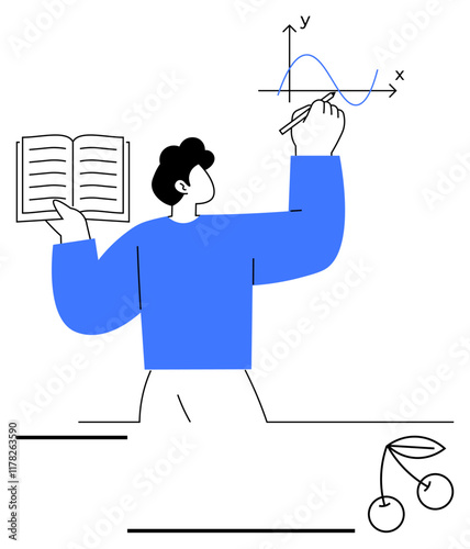 Individual draws curved chart on X-Y axes and holds an open book. Ideal for education, teaching, learning, analysis, mathematics, research, data visualization. Abstract line flat metaphor