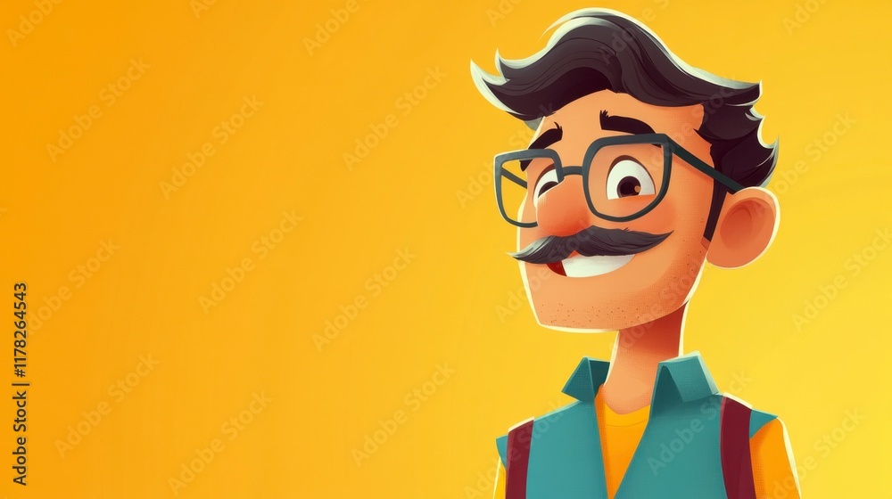 Smiling Cartoon Man with Mustache, Yellow Background, Copy Space Smiling Cartoon Man with Mustache, Yellow Background, Copy Space
