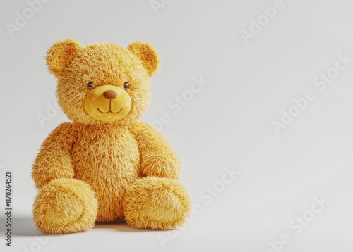 Cute teddy bear toy on a white background with copy space, 3D rendering, studio lighting, high-resolution photography, insanely detailed, fine details, isolated plain, stock photo color grading, light