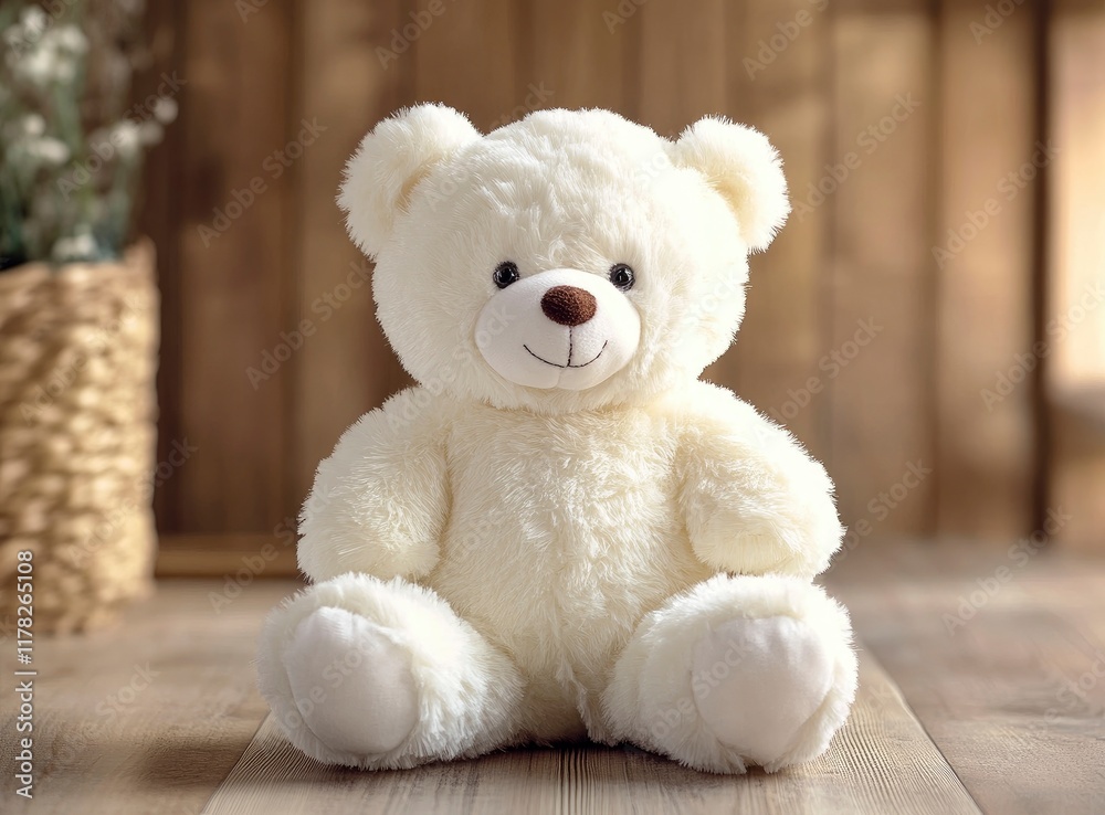Obraz premium Cute teddy bear toy on a wooden background, front view, with copy space, studio shot, high-resolution photography.
