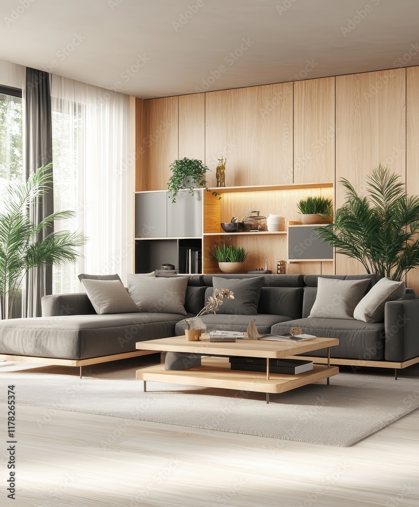 Fototapeta premium Modern luxurious living room, warm lighting, custom built-in bookshelves, floor-to-ceiling windows, minimalist furniture, low-profile seating, wooden platform, neutral color palette, cozy atmosphere, 
