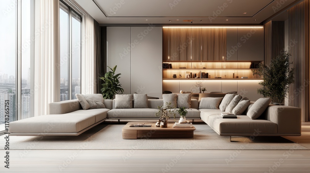 Fototapeta premium Modern luxurious living room, warm lighting, custom built-in bookshelves, floor-to-ceiling windows, minimalist furniture, low-profile seating, wooden platform, neutral color palette, cozy atmosphere, 