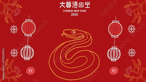 A vibrant Chinese New Year 2025 animation in red and gold, featuring a snake symbolizing the Year of the Snake surrounded by flowers and lanterns.