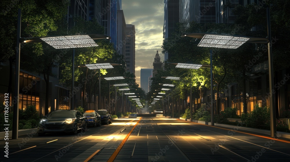 Fototapeta premium Modern city street at dusk, cars parked, trees, lights.