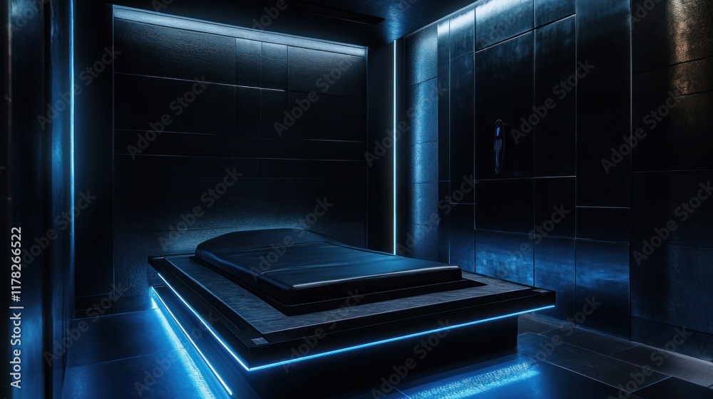 Fototapeta premium Futuristic minimalist room with a sleek platform bed illuminated by blue neon lights.