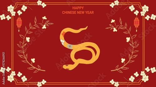 A vibrant Chinese New Year 2025 animation in red and gold, featuring a snake symbolizing the Year of the Snake surrounded by flowers and lanterns.