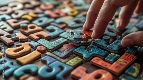 A puzzle made of letters and words from different languages, with a person trying to fit the pieces together, representing the process of mastering a new language. 