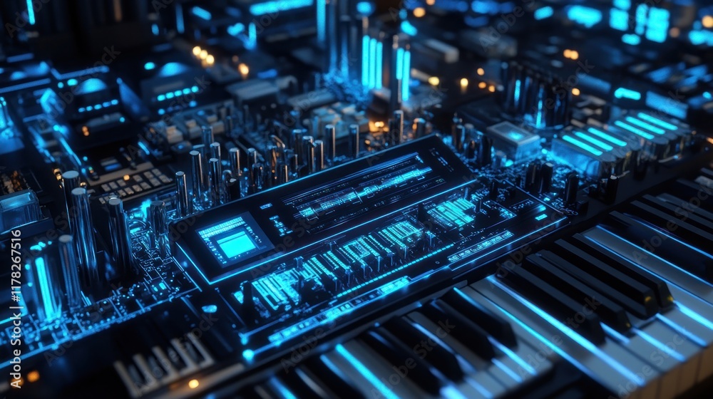 Futuristic glowing blue digital piano keyboard. Futuristic glowing blue digital piano keyboard.