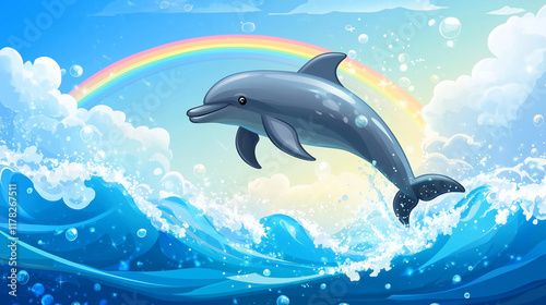 Playful Dolphin Leaping Ocean Waves Rainbow Bubbles Sky
