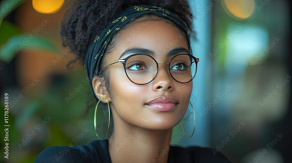 Thoughtful woman with glasses in cafe contemplates with blurred background Thoughtful woman with glasses in cafe contemplates with blurred background