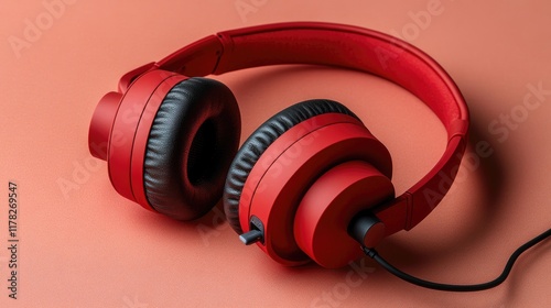 Stylish red headphones on a minimalistic background photo