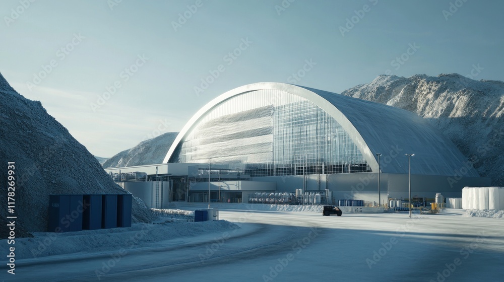 Modern industrial building in snowy mountains. Modern industrial building in snowy mountains.