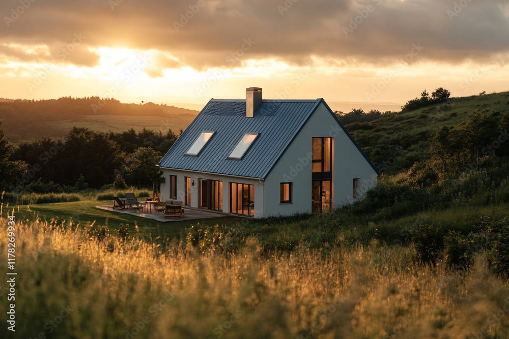 Modern house on a hill at sunset, overlooking a scenic landscape.