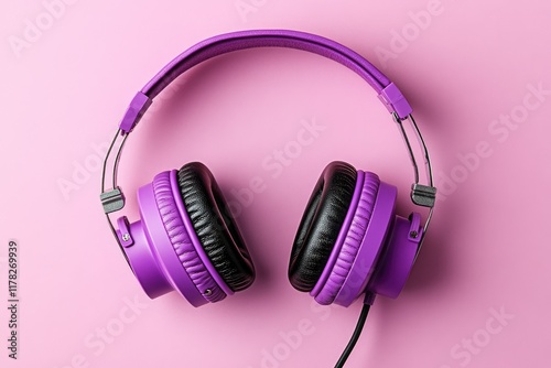 Stylish purple headphones on a pink background photo