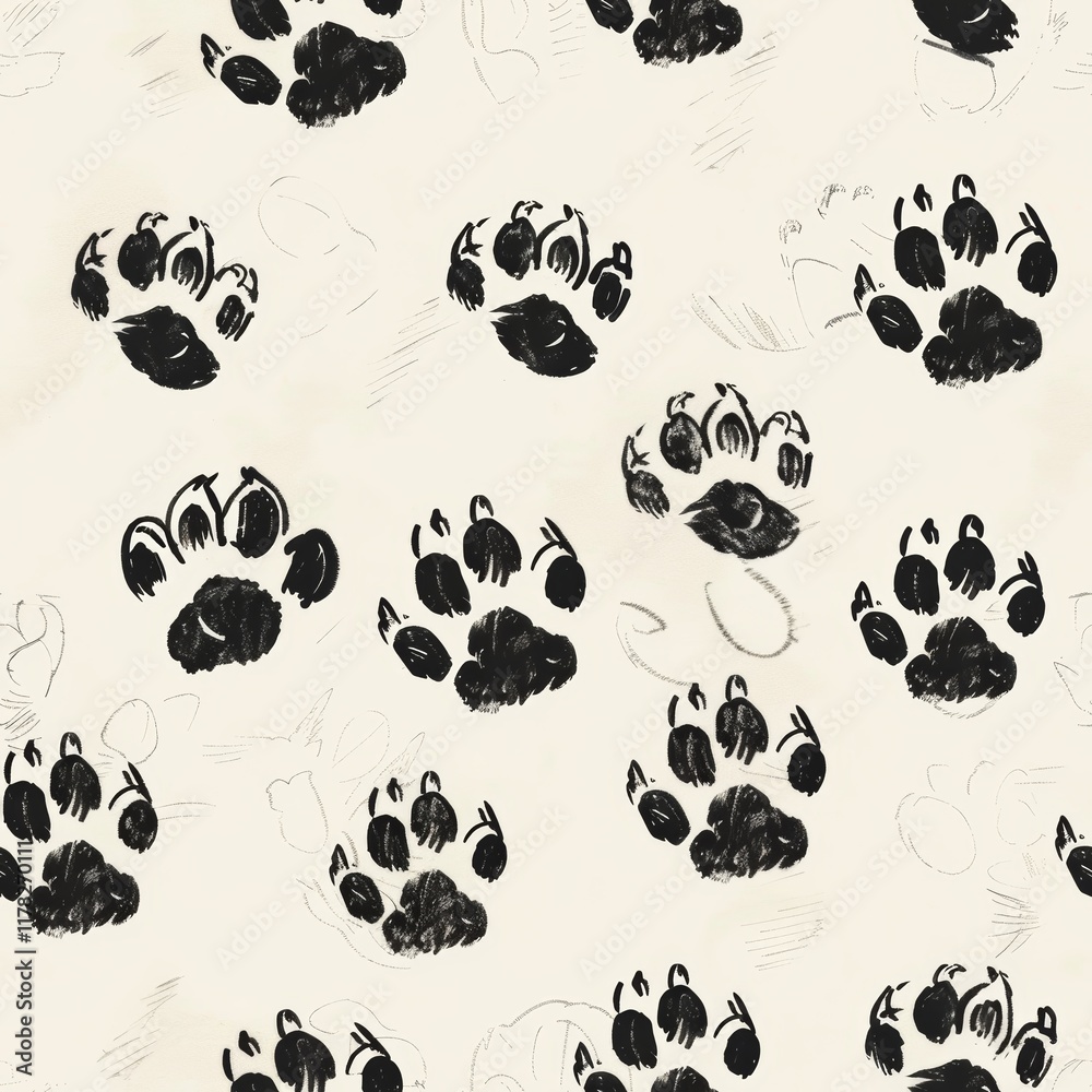 Fototapeta premium Unique and playful design features multiple black dog paw prints arranged in a seamless pattern, perfect for crafting and textile projects