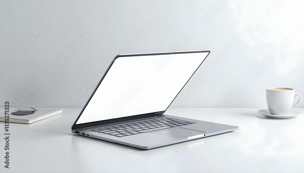 Silver laptop mockup with a large white screen and thin black frame, placed on a white surface Silver laptop mockup with a large white screen and thin black frame, placed on a white surface